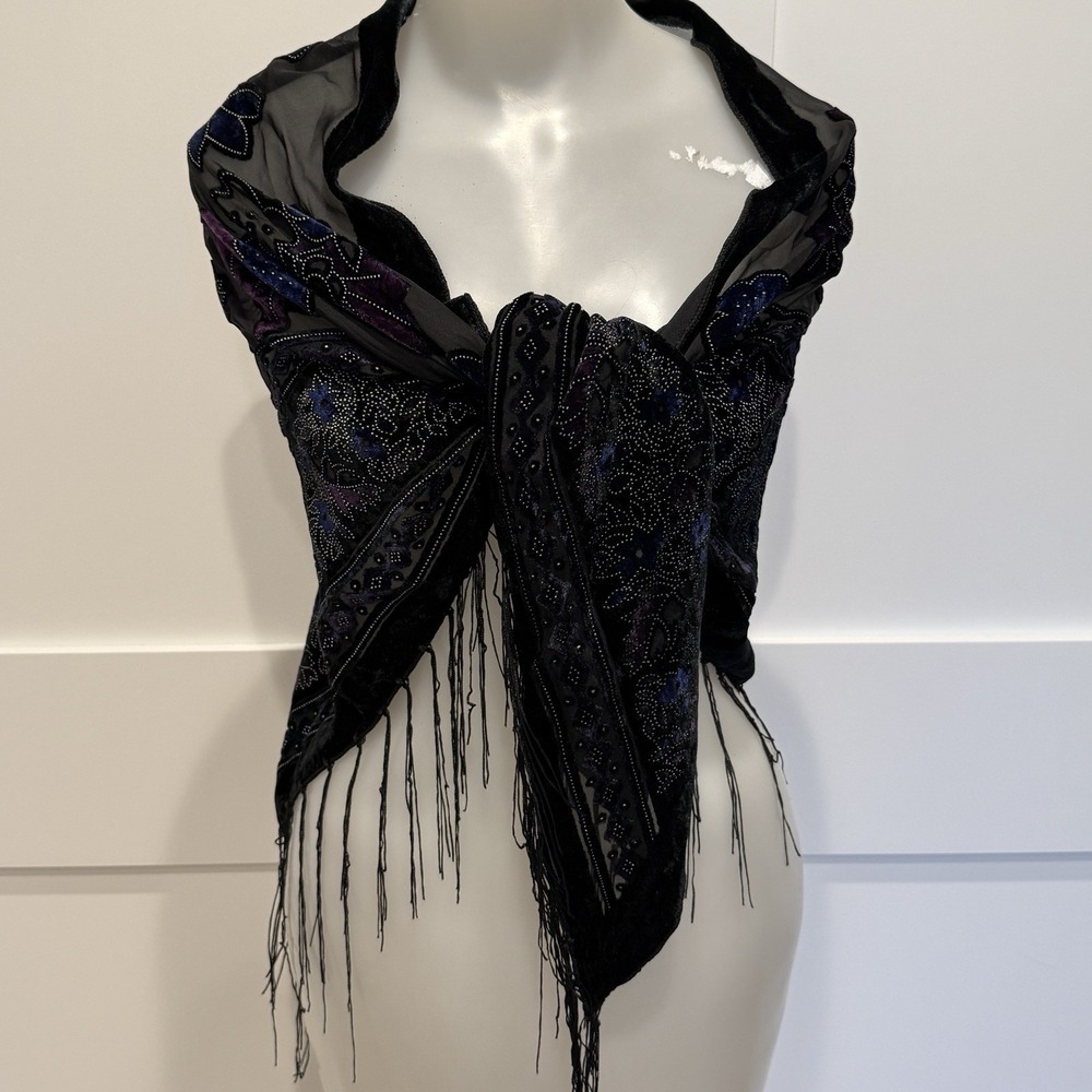 Vintage Black/Blue/Pink Burnout Velvet Triangle Fringe Piano Shawl Scarf Wrap - Picture 3 of 6